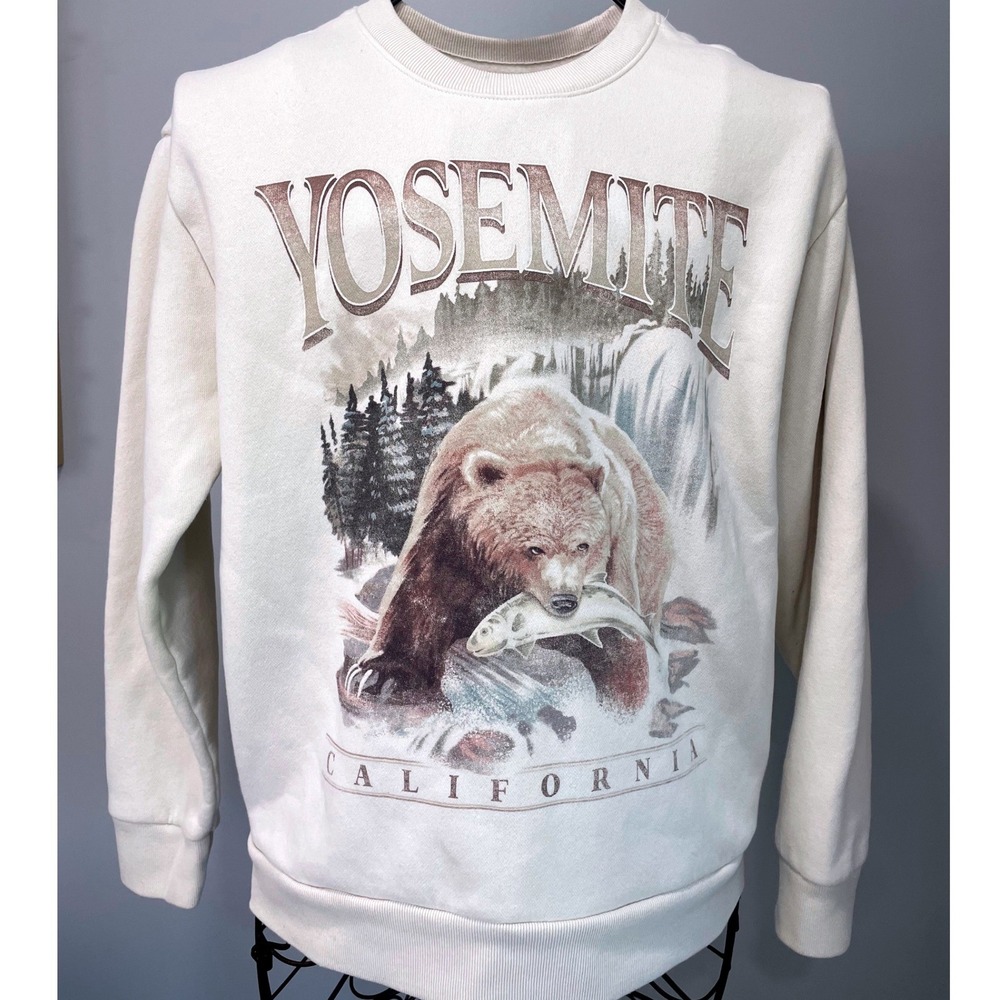 Hollister Yosemite California Bear Graphic Sweatshirt Mens Small Cream Relaxed